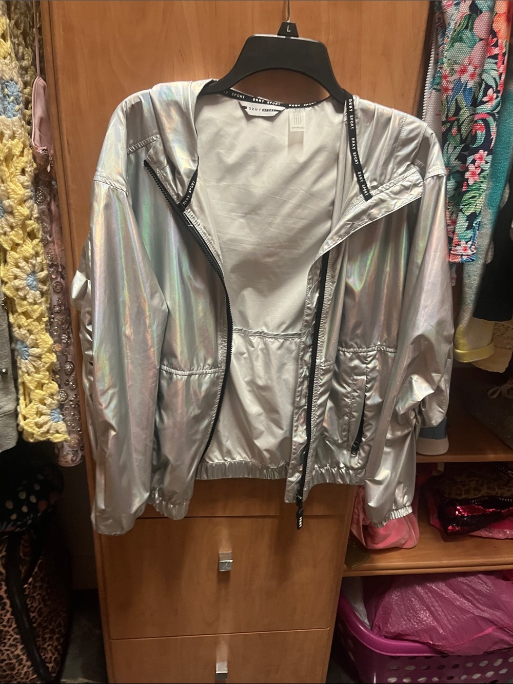 DKNY Iridescent Silver lightweight Jacket with Hood